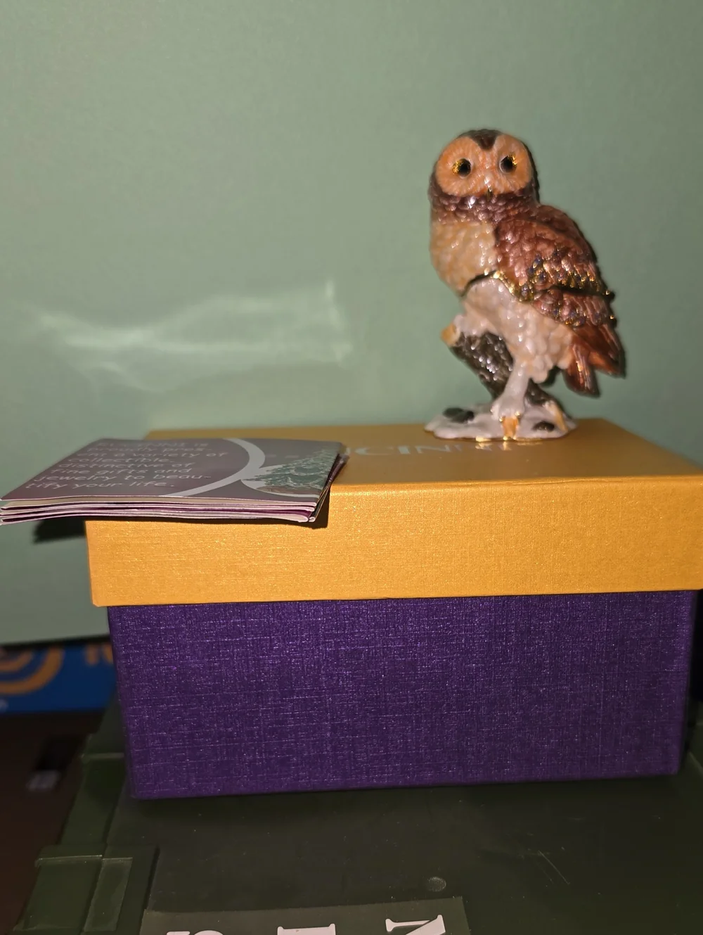 Rucinni Mini Metal and Enamel/ Swarovski Crystal Owl Figurine Trinket Box